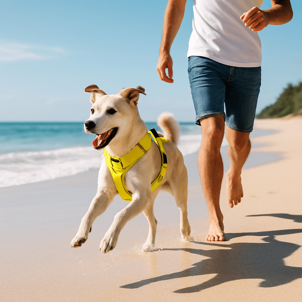 harnais pour chien heureux plage